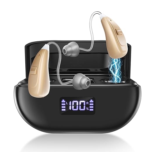 OTC Hearing Aids for Seniors & Adults - Rechargeable, 25+ Hour Battery Life, Advanced Noise Cancellation, 5-Level Volume & Memory, Clear Sound, Comfort-Fit, LED Display (Black)