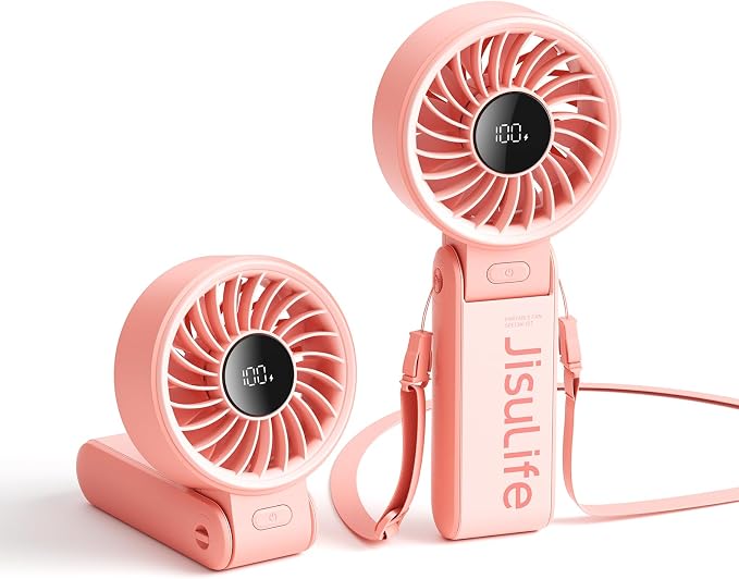 JISULIFE Portable Handheld Fan Life7: 3-in-1 Hand, Desk & Neck Fan-Pink | 19.5H Max Cooling, 5-Speed, LED Display, 5000mAh Rechargeable,USB Foldable Fan for Travel/Concerts/Cruise/Sports Events/Gifts