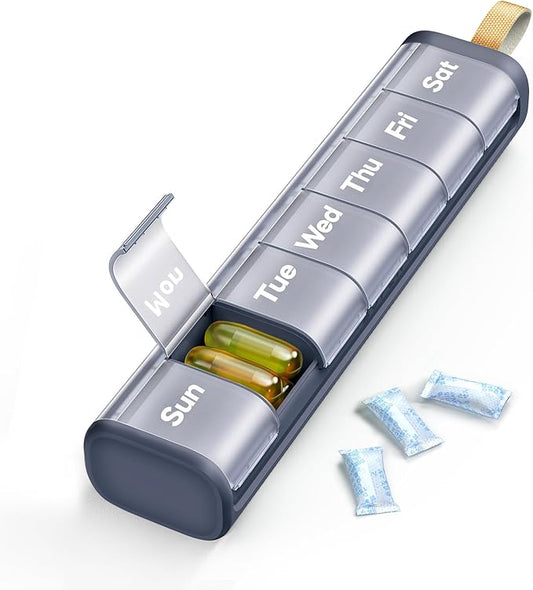 Weekly Medicine Pill Organizer, 7 Day Daily Pill Box Case Travel with Portable Handle, Moisture-Proof Desiccant & Secure Hinges for Vitamins, Medication Supplements