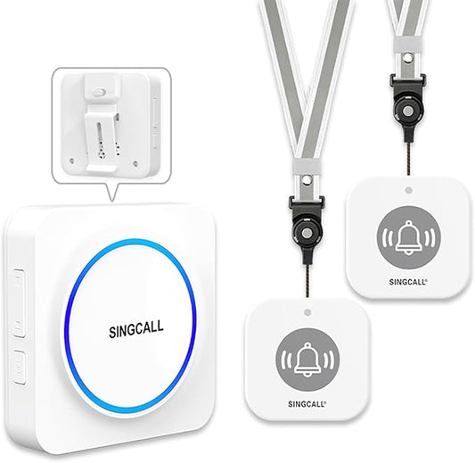 SINGCALL Wireless Portable Caregiver Pager Panic Alarm System Personal Alarm for Elderly/Kids/Pregnant/Patients 32 Chimes & 0-100dB Volume 1 Rechargeable Portable Receiver+ 2 Emergency Call Buttons