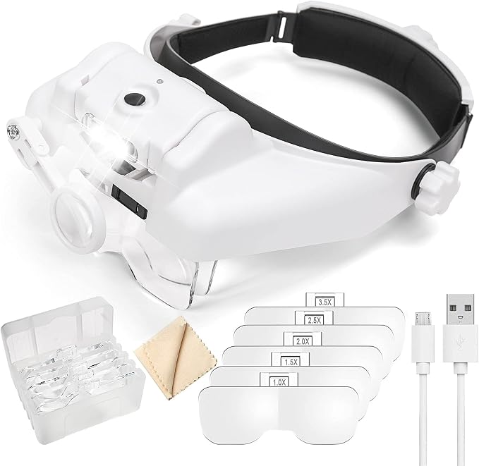 Dilzekui Magnifying Glass with Light 1X-14X, Rechargeable Headset Magnifier | 2 Lens Slots,Detachable Acrylic Magnifying Glasses Lens, Adjustable 2 Lightness, Head Magnifier for Close Work Jewelry Crafts