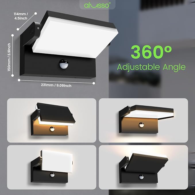 ALUSSO® 20W/40W/55W LED Outdoor Motion Sensor Wall Light, 3000K/4000K/6500K Aluminum Exterior Lighting Fixtures, 360° Rotatable Wall Pack Lights, IP65 Waterproof Sconce for Porch Patio Garage, Black
