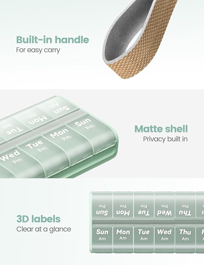 AM PM Pill Organizer 7 Day, 2 Times a Day Weekly Pill Box with Moisture-Proof Desiccant, Compact Easy-Open Medicine Case for Vitamins, Supplement