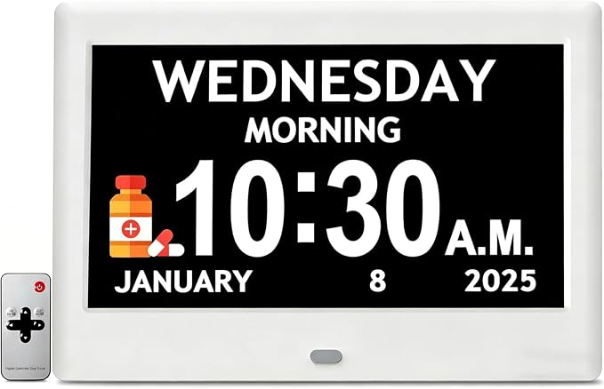 Digital Clock, 7'' Dementia Clock with Date and Time for Elderly Seniors | Large Display, 1024*600P HD, Auto DST, Easy Setup Reminders & Alarms, Remote Control, Gifts for Alzheimer Seniors, White