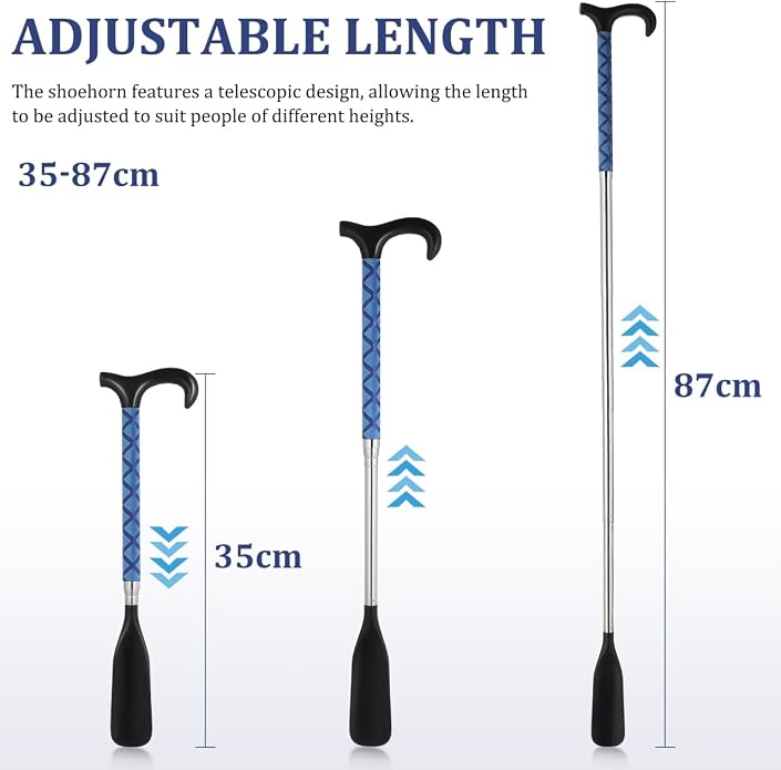 GALPADA Blue Shoe Horn Long Handle for Seniors Telescopic Shoehorn Adjustable 14 to 35 Inches Stainless Steel Portable Boot Jack for Men Women