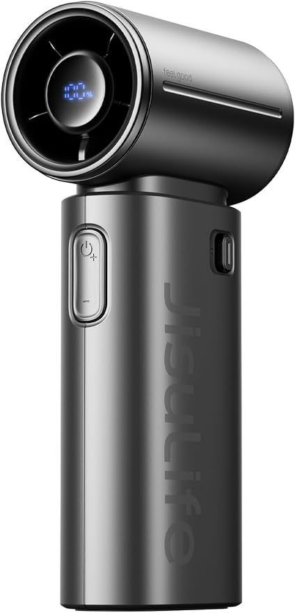 JISULIFE Handheld Fan Life9S - Sleek Chrome: Turbo Power, 22 Hours Cooling | LED Display, 5000mAh, 5-Speeds, Mini Portable Fan for Travel, Cruise, Concerts, Trendy Gifts for Women Men -Black