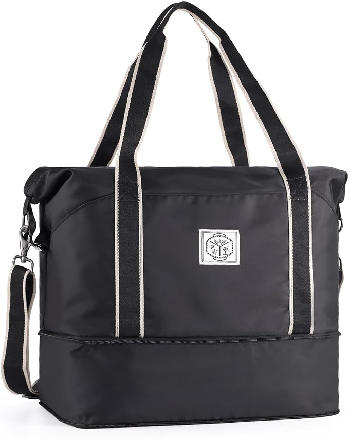 WALNEW Travel Duffel Bag, Weekender Overnight Carry On Bag for Women Men, Foldable Waterproof Gym Luggage with Metal Buckle Detachable Shoulder Strap and Wet Compartment (Black)