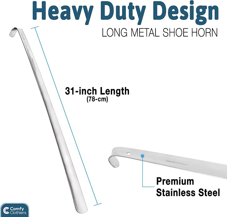 Comfy Clothiers Extra Long Metal Shoe Horn With Curved Handle (31inch/78cm) Multifunctional Stainless Steel Stick For Seniors & Adults Shoe Spoon Helper - Mobility Gadget Shoe Horn Aid for Seniors