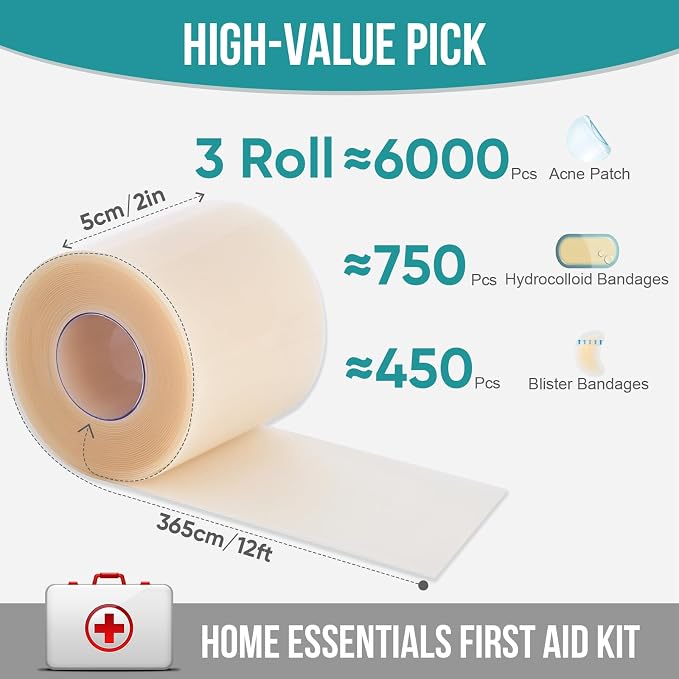 3Pcs Hydrocolloid Roll for Wound Care, Hydrocolloid Patch Bandages with Self-Adhesive, Bed Sore Bandages, Highly Absorbent for Burn, Blister, Acne Care, Waterproof (2in x 12ft x 3Roll)
