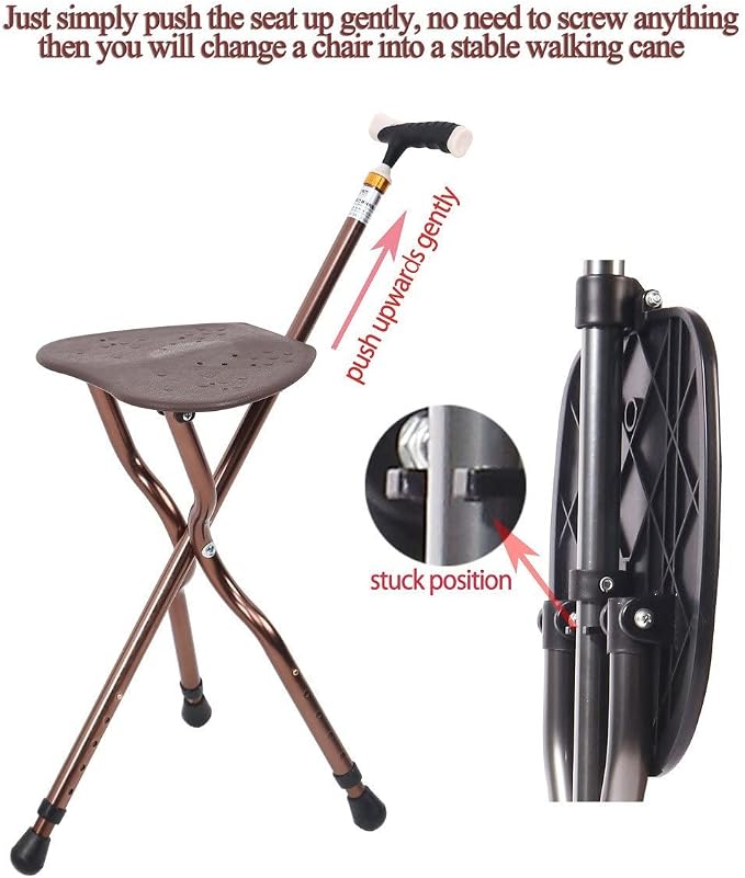 Folding Lightweight Walking Stick Cane with Seat Foldable Golf Chair Cane Stool Portable Seats Hold 350 lbs for Seniors Spectator
