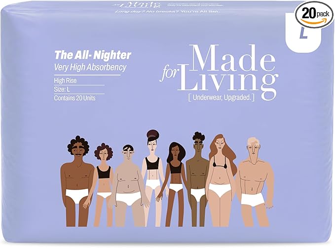 Made for Living The All-Nighter Underwear for Women & Men - Dual Absorbent Core, Leak-Free & Odor Protection - Disposable Overnight Adult Pull Ups for Women & Men - Large - 20 Ct