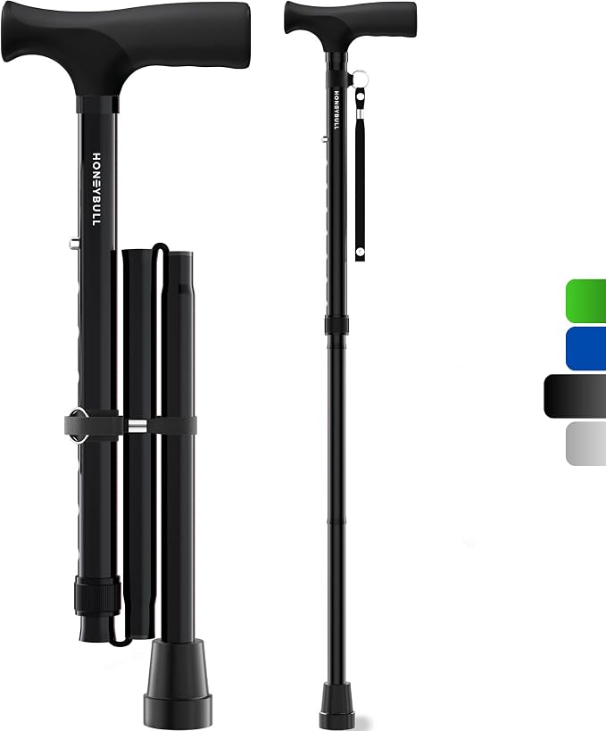HoneyBull Walking Cane | Single Tip Canes for Men & Women, Foldable, Adjustable, Heavy Duty Up to 250 Pounds, Walking Canes for Seniors