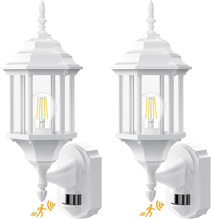Redluck Motion Sensor Outdoor Wall Light Fixtures, 2 Pack Outdoor Wall Lamp | Dusk to Dawn, Anti-Rust, Waterproof Aluminum Frame, Tempered Glass & Classic Exterior Porch Lights for House Garage, White