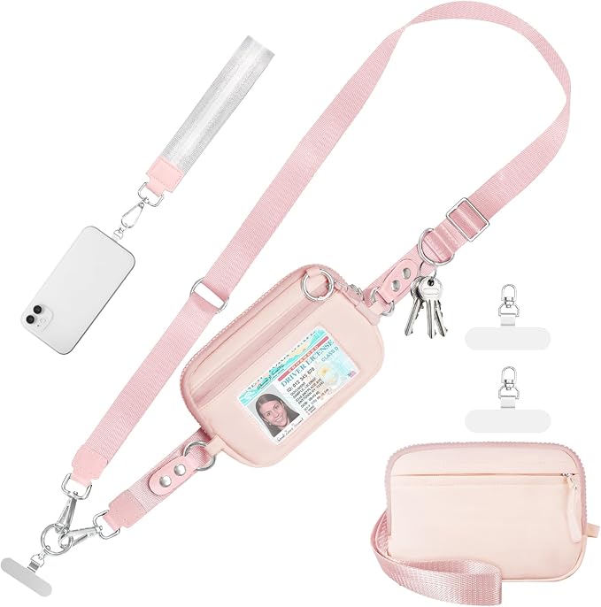 Tiostep Clip and Go Strap for Phone with Wallet Crossbody Phone Lanyard Adjustable and Detachable RFID Wristlet Wallet (Pink, Medium)