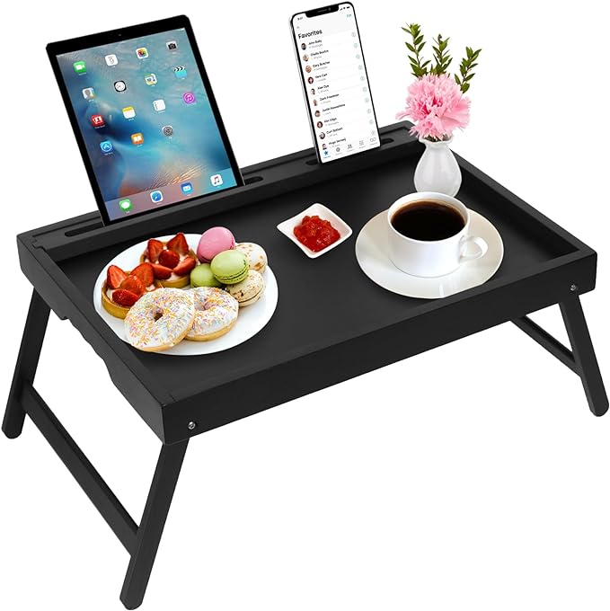 Artmeer Bamboo Bed Tray Table with Device Slot, Folding Legs, Large, Black | FSC-certified bamboo bed tray with folding legs, device slot and handles for meals, laptops, reading and serving in bed.