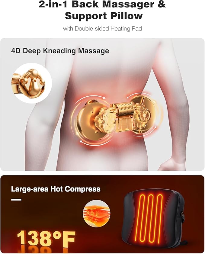 Shiatsu Back Massager with Heat - Deep Tissue 2-in-1 Kneading Chair Massage Pillow for Lower Back/Leg/Shoulder - Lumbar Support Pillow for Back Pain Relief - Christmas Gifts for Mom Dad Senior Women