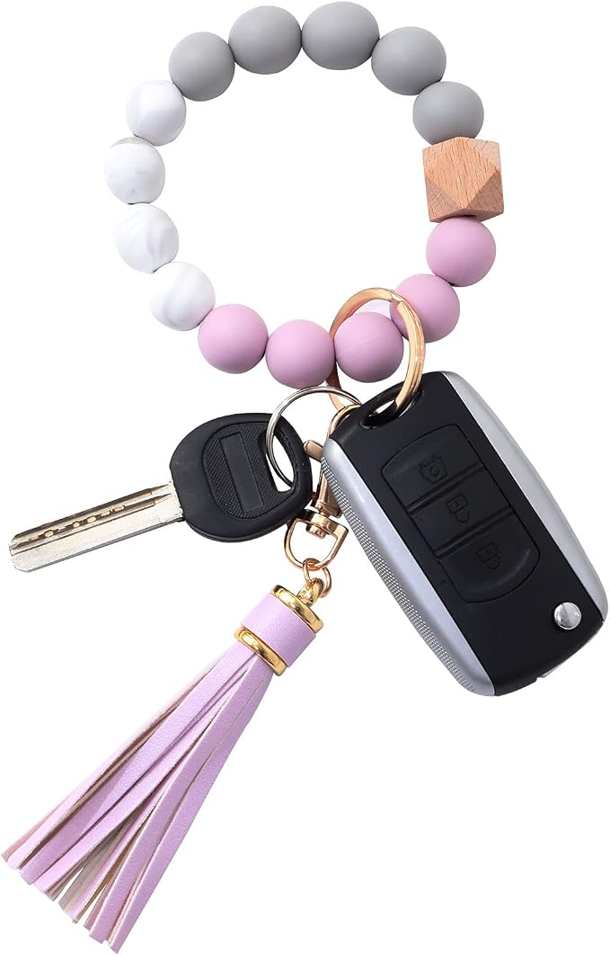 BAOSIWA Silicone Beaded Bracelet Keychain Wristlet Key Ring Bangle Chains for Women with Leather Tassel
