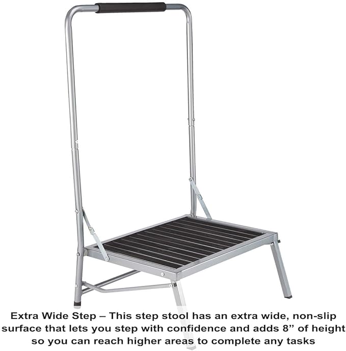 LivingSURE Extra Wide Folding Step Stool with Foam-Grip Handle – Non-Slip Surface, Lightweight Steel Frame, Adds 8" Height – Compact Safety Step for Kitchen, Bathroom, Bedroom & Indoor Use