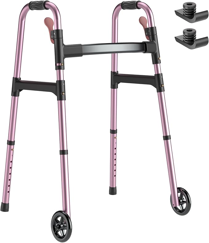 HOMLAND Standard Walkers for Seniors, 6.5lb Lightweight Foldable Walker | One-Hand Folding, 8 Height Adjustments, 350lb Capacity, Easy to Assemble, 2 Skis, 5" Wheels, Aluminum Frame, Rose Red