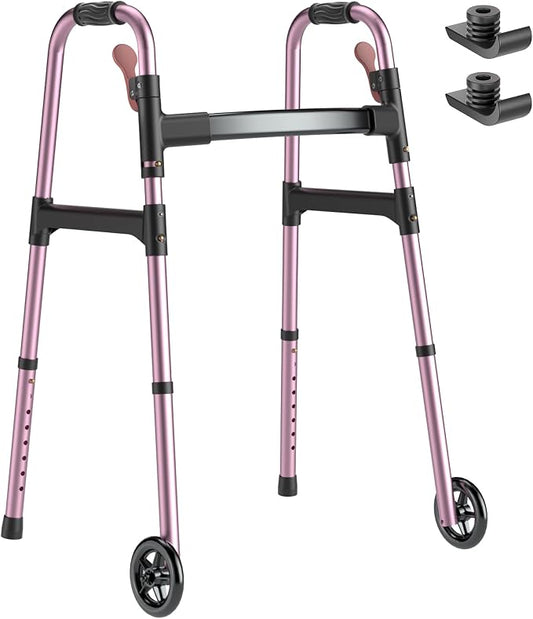 HOMLAND Standard Walkers for Seniors, 6.5lb Lightweight Foldable Walker | One-Hand Folding, 8 Height Adjustments, 350lb Capacity, Easy to Assemble, 2 Skis, 5" Wheels, Aluminum Frame, Rose Red