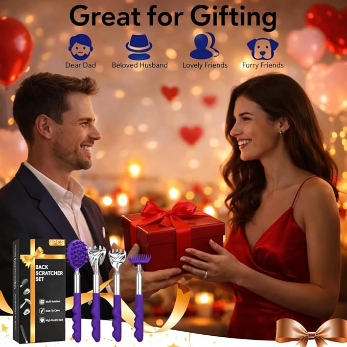 Gumry Versatile Back Scratcher, Valentines Day Gifts for Him, Birthday Gifts for Men, Women, Him, Her, Dad, Portable Telescoping with Different Heads and Rubber Handle - Purple
