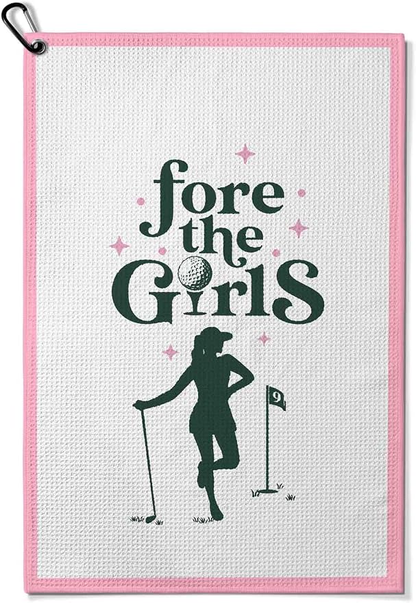 Ladies Golf Towel with Clip,Funny Golf Bag Accessories for Women,"Fore The Girls" 16x24inch Microfiber Waffle Weave Pink Golf Towel,Golf for Mom Grandma,Birthday Christmas Retirement Golfer Gifts