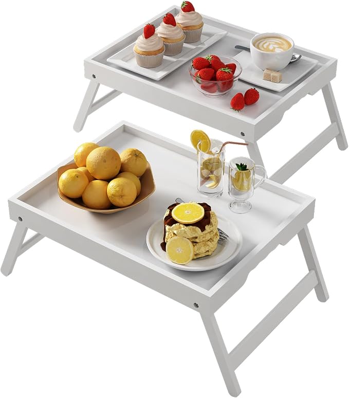 Youpehom Bamboo Bed Tray Tables with Folding Legs, Medium, 2-Pack, White | Two bamboo bed trays with folding legs and handles for meals, laptops, reading and serving in bed or on a sofa.