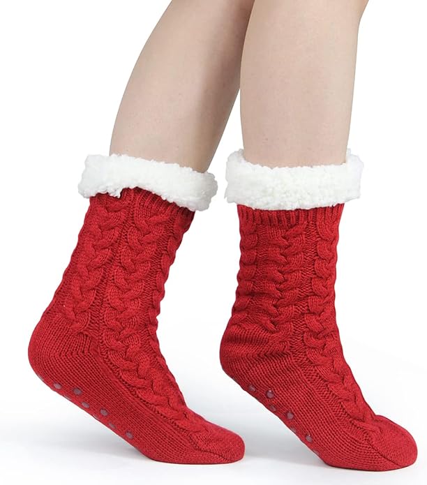 Slipper Socks for Women with Gripper - Winter Non Slip Thick Fuzzy Socks - Warm Cozy Christmas Gift