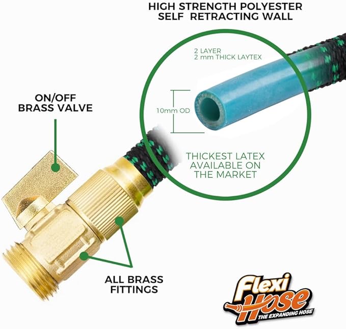 Flexi Hose with 8 Function Nozzle, 100FT - Lightweight Expandable Garden Hose, No-Kink Flexibility, 3/4 Inch Solid Brass Fittings and Double Latex Core - Black and Green