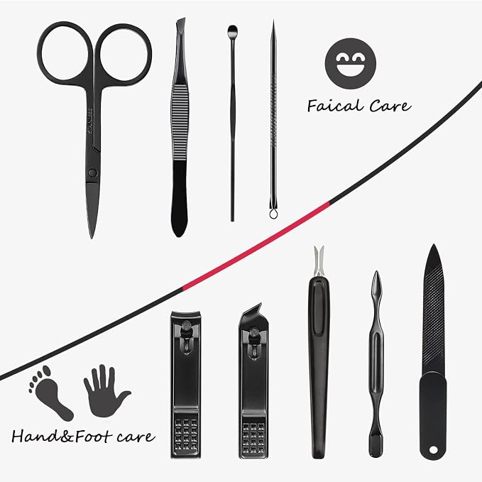 HANTEKAS Manicure Set 9 in 1 Stainless Steel, Nail Clippers Scissors Pedicure Tools Kit - Portable Travel Grooming Kit for Men and Women with Black/Red Leather Case (Red)