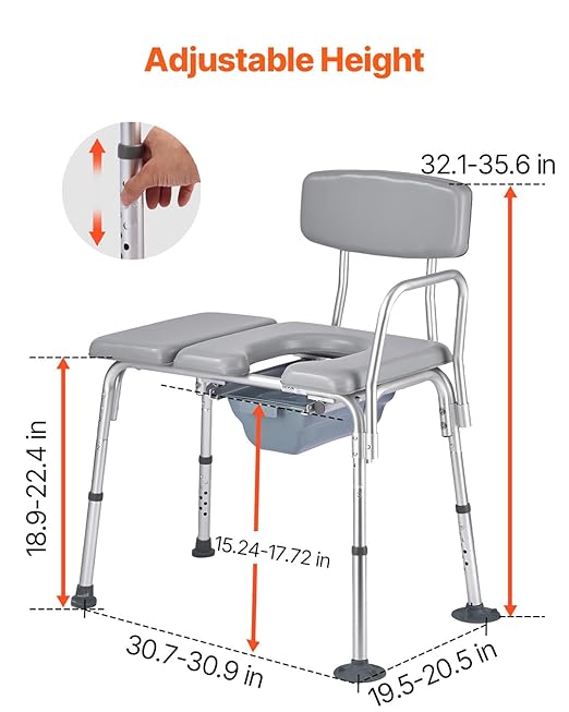 VEVOR Bedside Commode Chair, 500 lbs Load Capacity, 4-in-1 Portable Toilet and Raised Toilet Seat with Detachable 5L Bucket, Padded Seat and Backrest, Adjustable Height Adult Potty Chair for Seniors