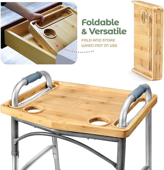 Medical king Walker Tray Table with Cup Holder Mobility Table Tray for Folding Walkers Foldable, Portable Multipurpose Bamboo Tray for Eating, Crafts, Laptops Medical Equipment Accessories - 21x16"
