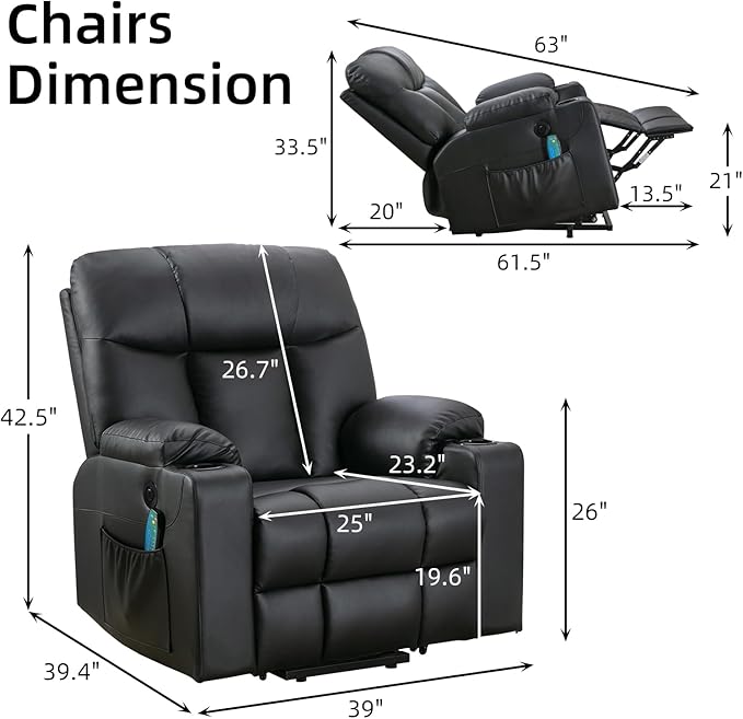 Bonzy Home Power Lift Recliner Chair with Heat and Massage, Faux Leather | Oversized Lift Chair for Adults Elderly Upholstered Massage Recliner with 2 Cup Holders, Side Pocket, Black