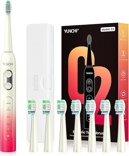 YUNCHI Electric Toothbrush Birthday/Valentine Plastic 8 Dupont Heads 24-Mo Deep Cleans Gentle Gums Removes Stains 3Hr USB-C 90d 2-Min Timer/30s IPX7 - Yellow Red