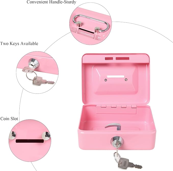 Jssmst Small Cash Box with Lock and Slot, Metal Coin Piggy Bank for Adults and Kids, Pink Locking Money Box