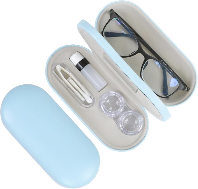 2 in 1 Contact Lens Case and Eyeglasses Case for Women Men Kids, Double Sided Hard Shell Portable Glasses Travel Holder with Built-in Mirror, Contact Lens Box (Sky Blue)