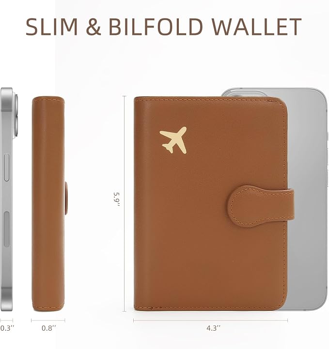 RFID Blocking Passport Holder Travel Wallet | RFID-blocking protects passport & cards. 4 slots, ID window, zipper pocket. PU leather, slim, light. Unisex brown.
