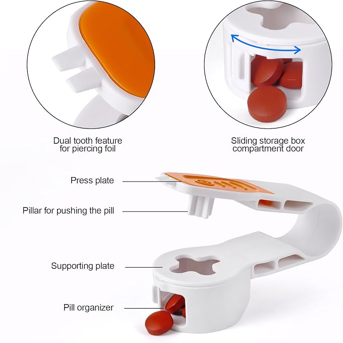Pill Card Popper Portable Pill Popper Tool Pill Taker Remover Pill Splitter Pill Puncher Tool for Blister Packs Automatic Pill Dispenser A Tool for Assisting in the Removal of Pills(Blue and Orange)