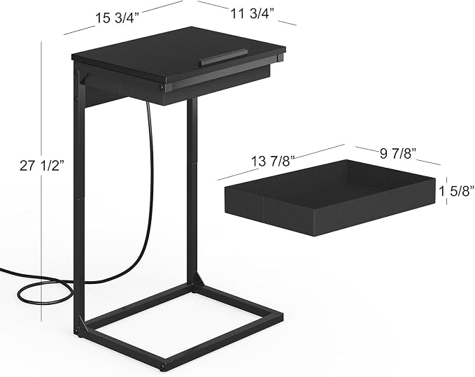 sthmec C Shaped End Table with Charging Station, 45° Tiltable Adjustable Flip Top Side Table with Storage,Small C Table for Small Spaces,Slide Under Couch Sofa Bedside Table for Living Room, Black