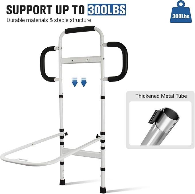 Three Grab Bars Bed Rails for Elderly Adults Safety, Bed Assist Rail with Leg, Adjustable Bedside Handle for Seniors Fall Prevent Bed Cane, Medical Bed Rail Fits Queen, King, Full, Twin