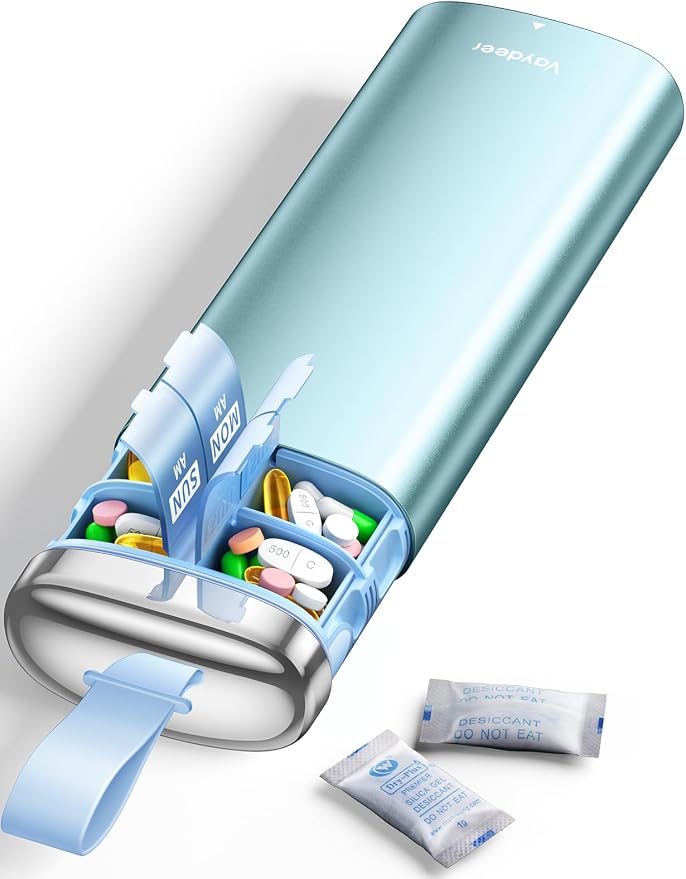 Vaydeer Metal Pill Organizer 2 Times a Day, AM PM 7 Day Weekly Pill Box with Built-in Desiccant, Airtight Moisture-Resistant Travel Pill Case for Medication & Supplements (Blue)