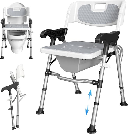3-in-1 Shower Chair for Seniors, Foldable Bedside Commode, Height Adjustable Raised Toilet Seat with Removable Bucket, Padded Arms & Back Support for Elderly, Adults, 400 lbs Capacity (White)