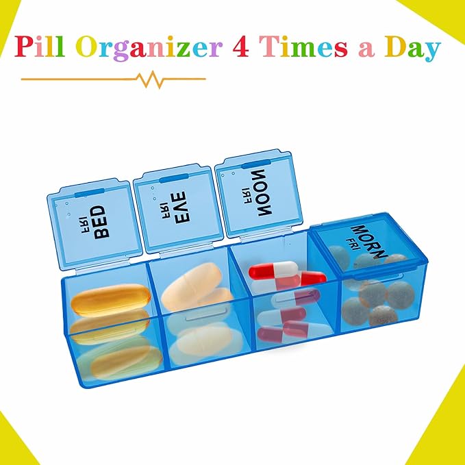 ZVZM Weekly Pill Organizer 4 Times a Day, Medicine Organizer Box, Travel Daily Pill Box Organizer 7 Day, Pill Case, Pill Container Holder for Hold Vitamins/Fish Oils.