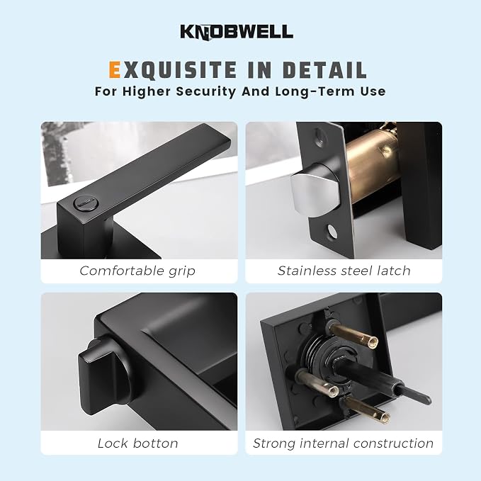 KNOBWELL Black Door Handles 20 Pack, Interior Door Knobs Privacy, Modern Door Handle 2.07 lb Heavy Duty Square Door Levers Reversible for Left and Right
