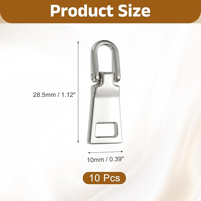 uxcell 10pcs Zipper Pull, 1.12 Inch Zinc Alloy Zip Puller Zipper Pull Replacement Sewing Zippers Tapes for Luggage Clothing Jackets Backpacks Boots, Stainless Steel Color