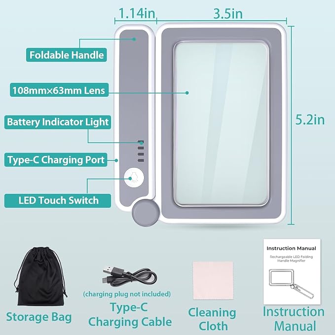 Magnifying Glass Rechargeable 5X with Light,Handheld Magnifying Glass,Close Work Reduce Eye Strain, LED Lighted Rectangle Magnifier for Reading Book Small Print for Seniors Low Vision