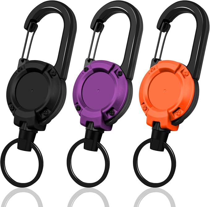 Retractable Keychain 3 Pack, Heavy Duty ID Badge Holder Reel, Multitool Carabine Key Holder for Keychain, Badge Holder with 25.6" Steel Retractable Cord Key Ring Clip, 8.8 oz (Black+Purple+Orange)