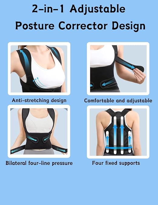 Back Brace Posture Corrector for Men & Women, Upgraded Full Back Support with Adjustable Shoulder Straightener and Waist Support Straps, Breathable Back Brace for Office Work, Long Sitting (Large)