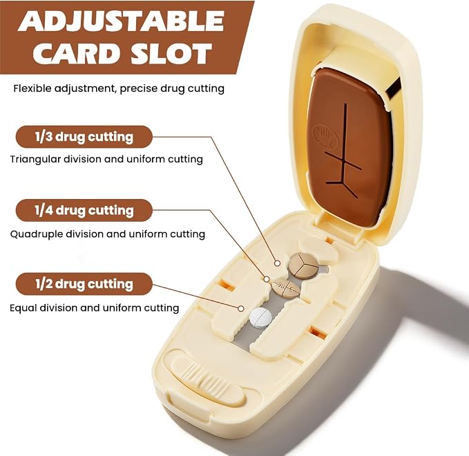 Pill Cutter for Small and Tiny Pills, 1/2 1/3 1/4 Pill Splitter with Adjustable Guide & Non-Slip Base, Stainless Steel Blade, Accurate and Easy Cutting for Vitamins and Tablets(Color:Creamy White)
