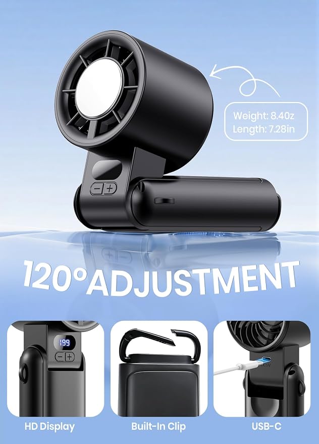 Portable Handheld Turbo Fan, 1-199 Speed Adjustable, Dark Black | 4 IN 1 Pocket Design with LED Display, High-Power Motor, Rechargeable Battery, Mini Fans for Indoor/Outdoor/Travel/Work
